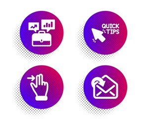 Touchscreen gesture, Quick tips and Business portfolio icons simple set. Halftone dots button. Receive mail sign. Slide right, Helpful tricks, Job interview. Incoming message. Business set. Vector