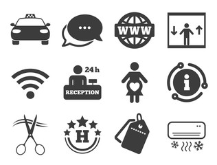 Barbershop sign. Discount offer tag, chat, info icon. Hotel, apartment service icons. Pregnant woman, wireless internet and air conditioning symbols. Classic style signs set. Vector