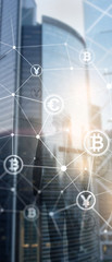 Vertical Panorama Banner. Double exposure Bitcoin and blockchain concept. Digital economy and currency trading.