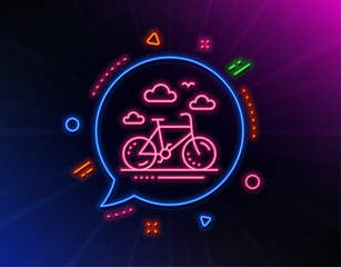 Bike rental line icon. Neon laser lights. Bicycle rent sign. Hotel service symbol. Glow laser speech bubble. Neon lights chat bubble. Banner badge with bike rental icon. Vector