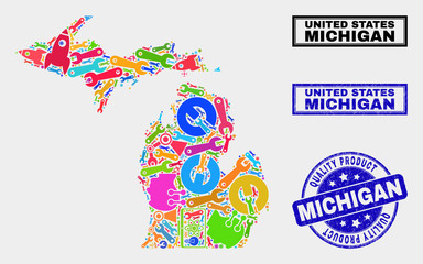 Fototapeta premium Vector composition of tools Michigan State map and blue seal for quality product. Michigan State map collage designed with tools, wrenches, science icons.