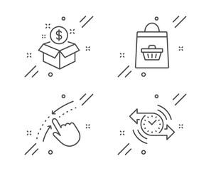 Swipe up, Post package and Online buying line icons set. Timer sign. Touch down, Postbox, Shopping cart. Stopwatch. Business set. Line swipe up outline icon. Vector
