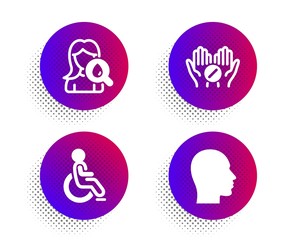 Disabled, Moisturizing cream and Medical tablet icons simple set. Halftone dots button. Head sign. Handicapped wheelchair, Face lotion, Medicine pill. Human profile. Healthcare set. Vector