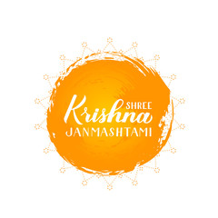 Shree Krishna Janmashtami  hand lettering on brush stroke circle. Traditional Hindu festival vector illustration. Easy to edit template for typography poster, banner, flyer, invitation, t-shirt, etc.