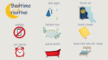 Bedtime routine for better sleep. Vector illustration of tips to improve night rest and health.