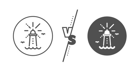 Beacon tower sign. Versus concept. Lighthouse line icon. Searchlight building symbol. Line vs classic lighthouse icon. Vector
