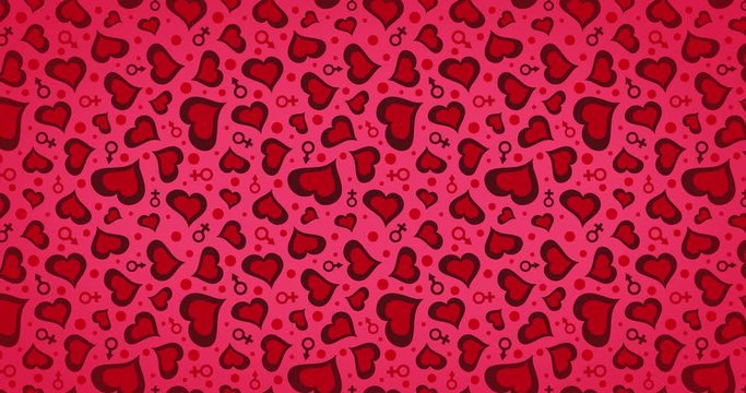 Valentine's Day loopable background with hearts, man and woman symbols. Seamless romantic pattern
