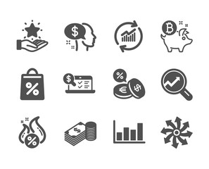 Set of Finance icons, such as Online accounting, Savings, Hot loan, Loyalty program, Versatile, Bitcoin coin, Update data, Pay, Shopping bag, Report diagram, Currency exchange, Analytics. Vector