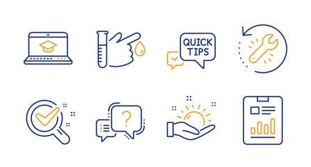Website education, Chemistry lab and Sunny weather line icons set. Question mark, Recovery tool and Blood donation signs. Quick tips, Report document symbols. Video learning, Lab research. Vector