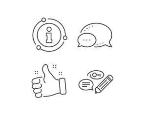 Keywords line icon. Chat bubble, info sign elements. Pencil with key symbol. Marketing strategy sign. Linear keywords outline icon. Information bubble. Vector