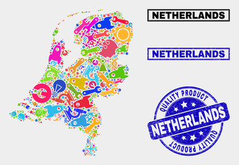 Vector combination of tools Netherlands map and blue seal stamp for quality product. Netherlands map collage designed with tools, spanners, production icons.