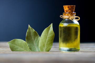 Glass bottle of essential bay laurel oil with daphne leaves on wooden rustic background. Healthy...