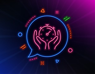 Timer line icon. Neon laser lights. Time management sign. Stopwatch symbol. Glow laser speech bubble. Neon lights chat bubble. Banner badge with timer icon. Vector