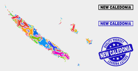 Vector composition of service New Caledonia Islands map and blue seal for quality product. New Caledonia Islands map collage created with tools, wrenches, industry symbols.