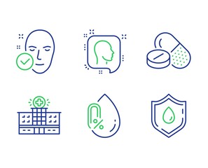 Medical drugs, No alcohol and Health skin line icons set. Head, Hospital building and Blood donation signs. Medicine pills, Mineral oil, Clean face. Profile messages. Healthcare set. Vector