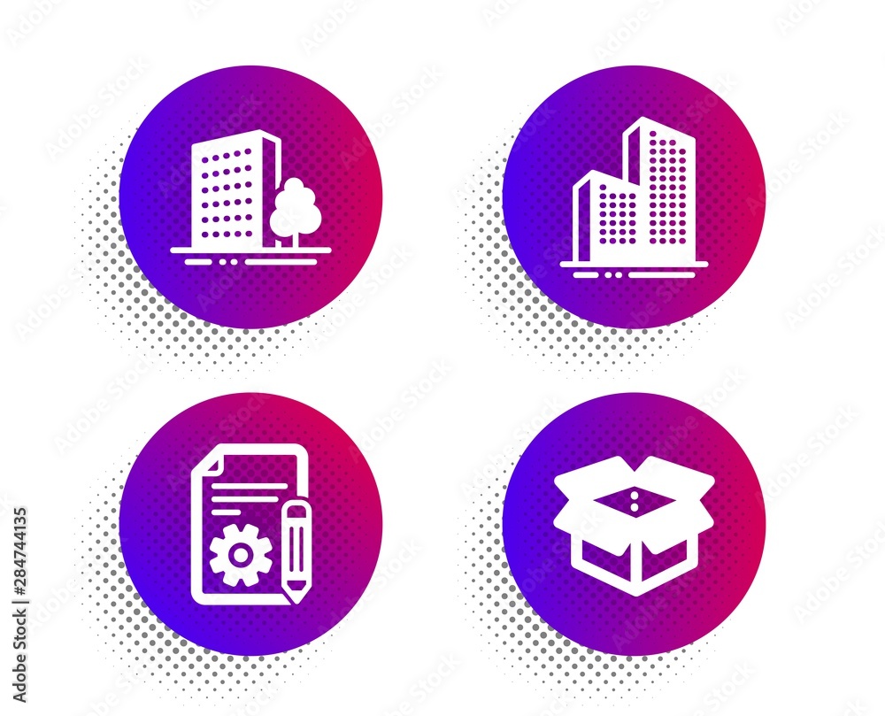 Poster skyscraper buildings, documentation and buildings icons simple set. halftone dots button. open box s