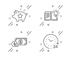 Dollar money, Product knowledge and Loyalty points line icons set. 24 hours sign. Cash with coins, Education process, Piggy bank. Time. Business set. Line dollar money outline icon. Vector