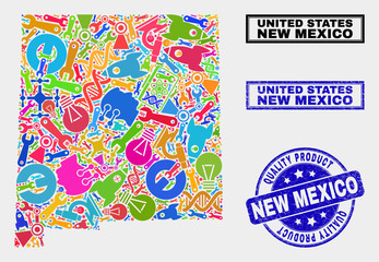 Naklejka premium Vector collage of tools New Mexico State map and blue seal for quality product. New Mexico State map collage created with tools, wrenches, production icons.