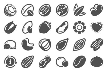 Fototapeta na wymiar Nuts and seeds icons. Hazelnut, Almond nut and Peanut. Sunflower and pumpkin seeds, Brazil nut, Pistachio icons. Walnut, Coconut and Cashew nuts. Pecan, peas, macadamia. Quality set. Vector