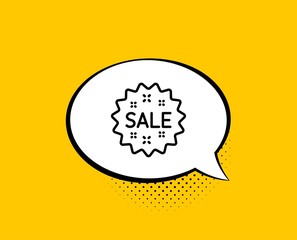 Sale line icon. Comic speech bubble. Shopping discount sign. Clearance symbol. Yellow background with chat bubble. Sale icon. Colorful banner. Vector