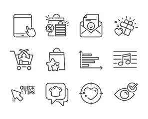 Set of Business icons, such as Tablet pc, Horizontal chart, Quick tips, Smile, Heart target, Cooking hat, Cross sell, Check eye, Loyalty points, Musical note, Shopping bags, Love gift. Vector