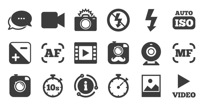 Set of Photo and Video icons. Information, chat bubble icon. Camera, timer and frame signs. No flash and Auto focus symbols. Quality set. Vector