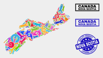 Vector combination of service Nova Scotia Province map and blue watermark for quality product. Nova Scotia Province map collage formed with equipment, wrenches, science symbols.