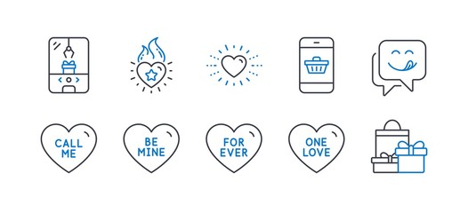 Set of Holidays icons, such as Heart flame, Crane claw machine, One love, Call me, Smartphone buying, Be mine, For ever, Heart, Yummy smile, Shopping line icons. Love fire, Attraction park. Vector
