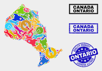 Vector collage of service Ontario Province map and blue watermark for quality product. Ontario Province map collage constructed with equipment, spanners, production icons.