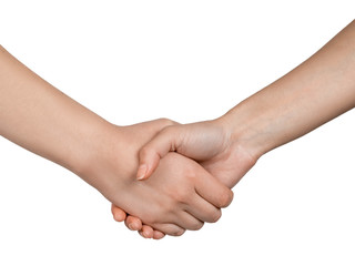 Two caucasian women's hands extended to meet each other in a handshake on a white background