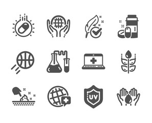Set of Healthcare icons, such as Uv protection, Wash hands, World medicine, Basketball, Hypoallergenic tested, Skin moisture, Organic tested, Capsule pill, Gluten free, Chemistry lab. Vector