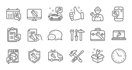 Repair line icons. Hammer, Screwdriver and Spanner tool. Washing machine repair linear icon set. Quality line set. Vector