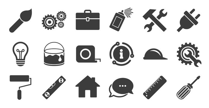 Set of Construction tools, Engineering and Repair icons. Information, chat bubble icon. Electric plug, Helmet and Screwdriver signs. Lamp, Hammer and Paint symbols. Quality set. Vector