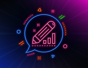 Edit statistics line icon. Neon laser lights. Pencil chart sign. Seo management symbol. Glow laser speech bubble. Neon lights chat bubble. Banner badge with edit statistics icon. Vector