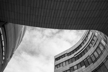 Low angle view at plaza between 2 building with curvature free form outline shape. Black and white abstract architectural exterior facade.
