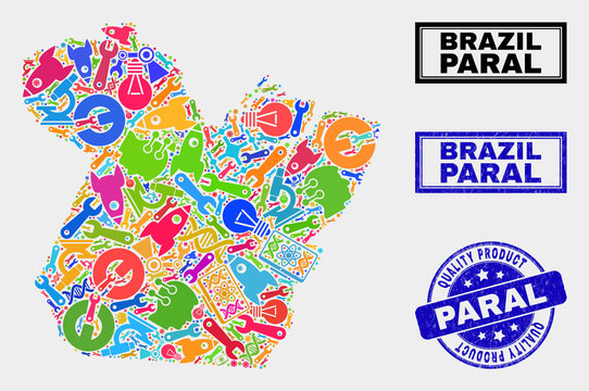 Vector collage of service Paral State map and blue seal stamp for quality product. Paral State map collage created with tools, wrenches, industry icons.