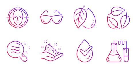 Dermatologically tested, Face detect and Skin care line icons set. Mineral oil, Leaves and Skin condition signs. Eyeglasses, Chemistry lab symbols. Organic, Select target. Healthcare set. Vector