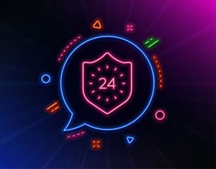 Fototapeta na wymiar 24 hours protection line icon. Neon laser lights. Shield sign. Glow laser speech bubble. Neon lights chat bubble. Banner badge with 24 hours icon. Vector