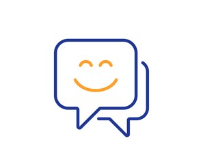 Happy emoticon chat sign. Smile face line icon. Speech bubble symbol. Colorful outline concept. Blue and orange thin line smile face icon. Vector