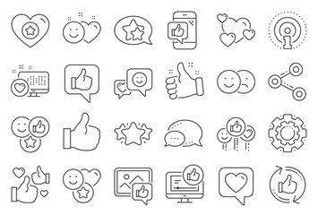 Social media line icons. Set - Share network, Social links and Rating linear icons. Heart, Feedback smile emotion and internet media. Share network, like icon, video content rating and dislike. Vector