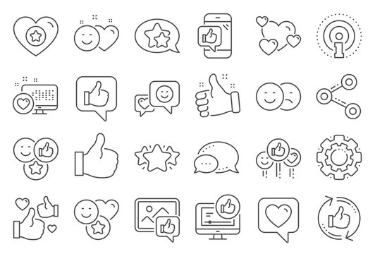 Social Media Line Icons. Set - Share Network, Social Links And Rating Linear Icons. Heart, Feedback Smile Emotion And Internet Media. Share Network, Like Icon, Video Content Rating And Dislike. Vector