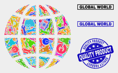 Vector combination of service planet globe and blue seal stamp for quality product. Planet globe collage constructed with equipment, spanners, industry icons.