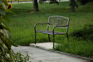 Steel bench in the park, nature background, sunny day
