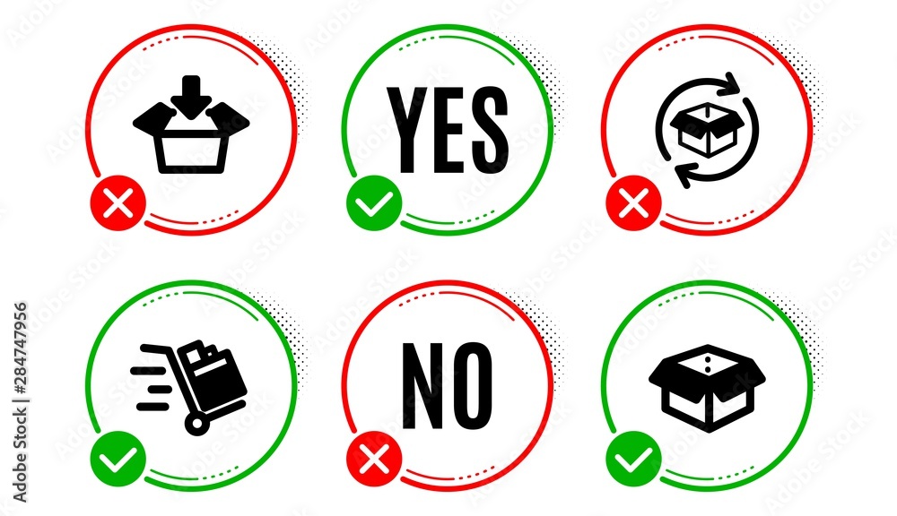 Poster get box, return parcel and push cart icons simple set. yes no check box. open box sign. send package