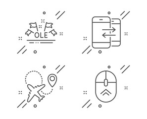 Ole chant, Airplane and Phone communication line icons set. Swipe up sign. Sport championship, Plane, Incoming and outgoing calls. Scrolling page. Business set. Line ole chant outline icon. Vector