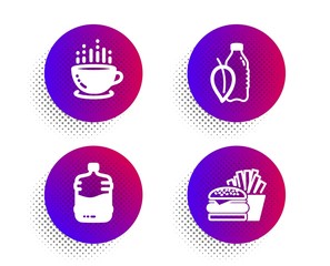 Cooler bottle, Coffee cup and Water bottle icons simple set. Halftone dots button. Burger sign. Water drink, Hot drink, Cheeseburger. Food and drink set. Classic flat cooler bottle icon. Vector
