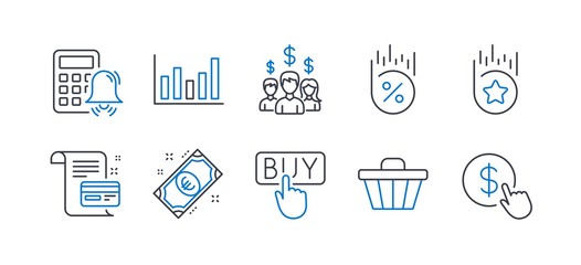 Set of Finance icons, such as Loan percent, Buying, Payment card, Salary employees, Loyalty star, Calculator alarm, Shop cart, Euro money, Column chart, Buy currency line icons. Vector