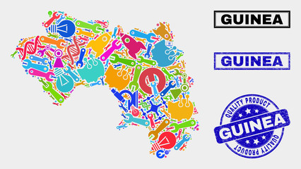 Vector collage of service Republic of Guinea map and blue stamp for quality product. Republic of Guinea map collage made with tools, spanners, production icons.