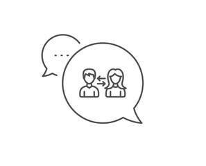 Teamwork line icon. Chat bubble design. Users communication. Male and Female profiles sign. Person silhouette symbol. Outline concept. Thin line people communication icon. Vector