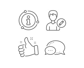 Edit User line icon. Chat bubble, info sign elements. Profile Avatar with pencil sign. Male Person silhouette symbol. Linear edit person outline icon. Information bubble. Vector